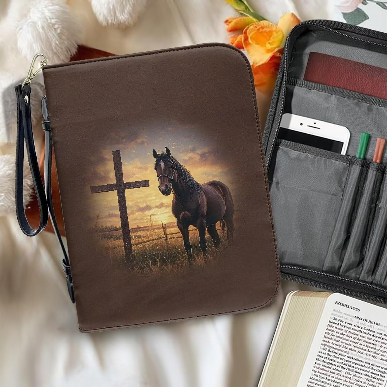 Cross Horse Bible Cover, Waterproof Leather Bible Carrying Book Case for Women Men,Protective Church Organizer Holder Bag with Handle Pockets