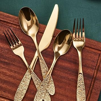 Cutlery Flatware Cutlery Set, 3/12/18/24/30/36 Pieces Simple Embossed Pattern Thickened Handle Steak Knife Fork Spoon Four Colors Optional Palace Retro Style Hotel Fork S,Gold-4 Pieces for 1