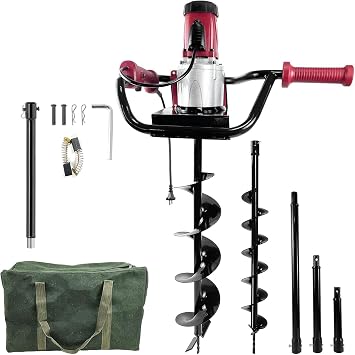 6-Inch & 4-inch Electric Post-Hole Digger with Storage Bag with 3pcs Auger Drill Bit Extension Set8",12",20"