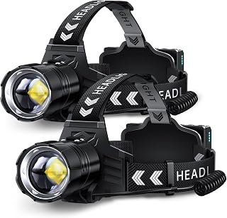 FINICO Rechargeable LED Headlamp 99000 High Lumens, 95 Hours Long Lasting Head Light with Zoomable & IPX7 Waterproof & 12 Modes & 125° Adjustable (2 Pack, White Light)