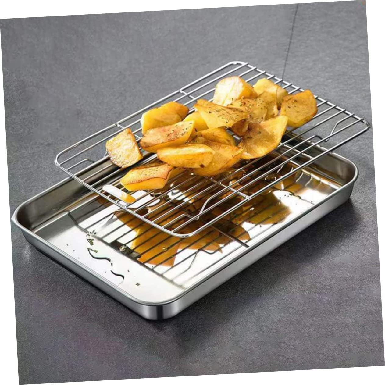 Cabilock 1Set Multi Function Baking Tray with Reusable Baking Rack Wear Resistant and Easy to Clean for Camping and Kitchen Use Grill and Cooling Rack