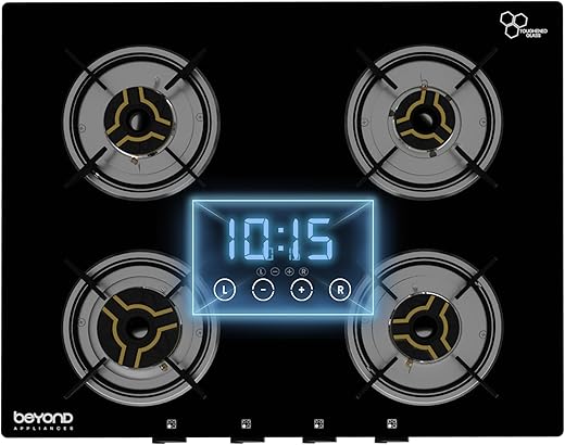 Beyond Appliances Auriga 4 Burner Smart Glass Gas Stove | Auto Ignition | Digital Timer | Flame Failure Device | Toughened Glass | ISI Certified |…