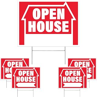 5pk Open House Signs for Real Estate | House For Sale Yard Sign Supplies | Corrugated Plastic with Metal H Frame Stakes, 16" x 12"