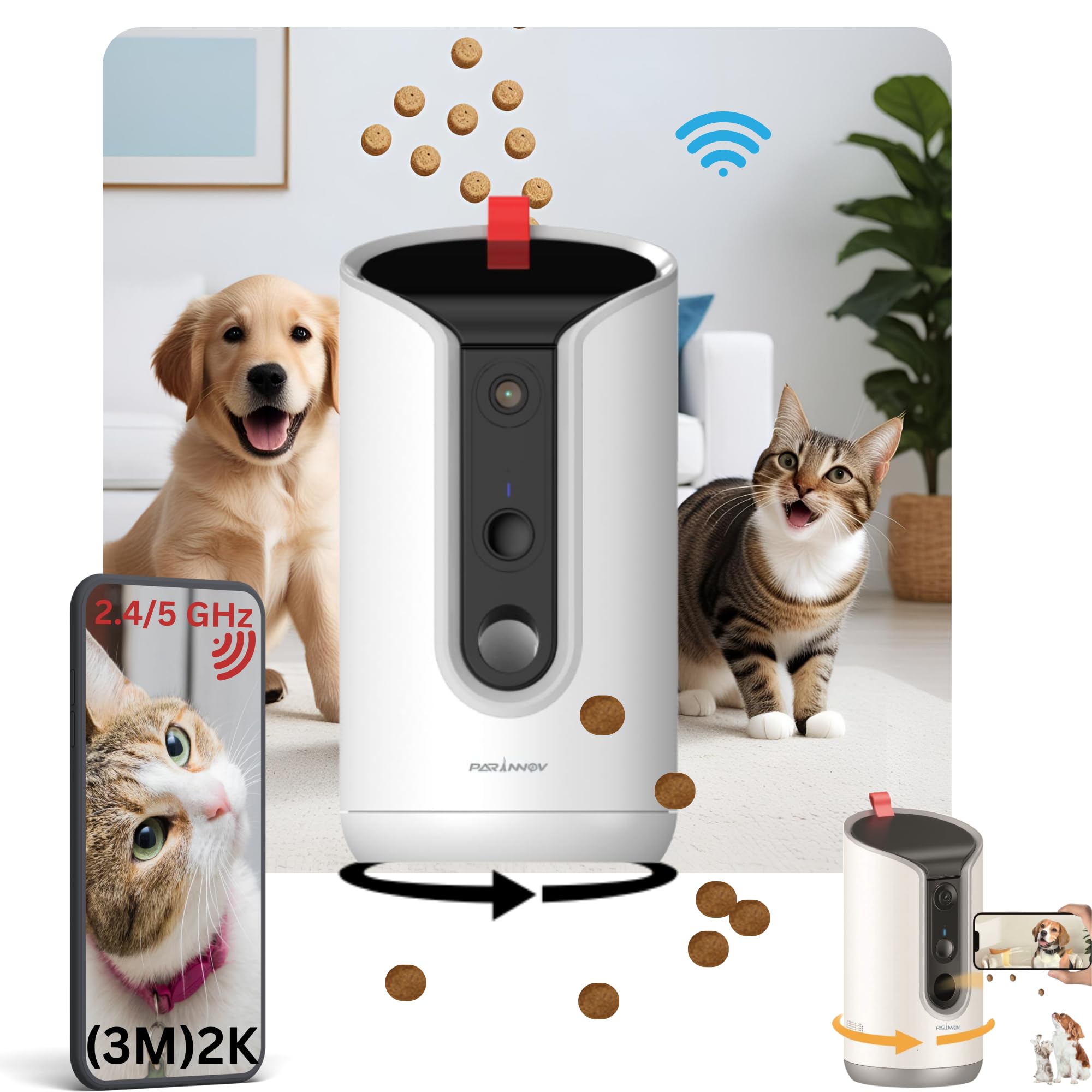 PARINNOV - 2K Telecamera animali domestici [SENZA ABBONAMENTO] Vista 360°, Distributore di cibo e dolcetti tramite app, Notturna, Telecamera per cani e gatti, Rilevamento di abbai, suoni e mov., Alexa