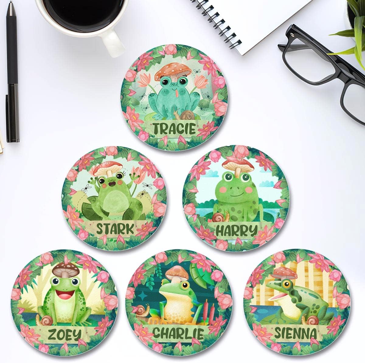 Personalized Frog Coaster Ceramic Pack 6 Coasters Housewarming Gifts for New Home Decor Women Adult Cork Base Coffee Table Car Cup Holders Drinks Absorbent Kitchen Accessories