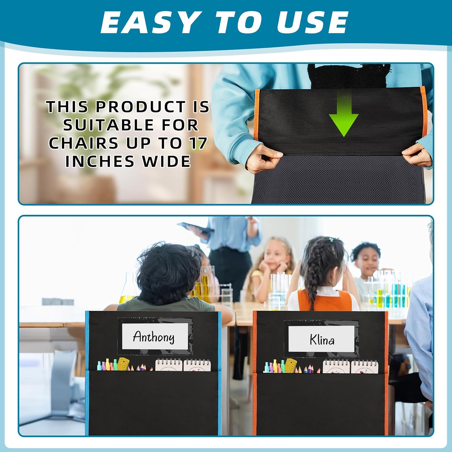 12 Pcs Classroom Chair Pockets, 17 x 15 Inch Seat Sacks for Chairs, Buddy Pocket, Chart Seat Back Organizer With Name Tag