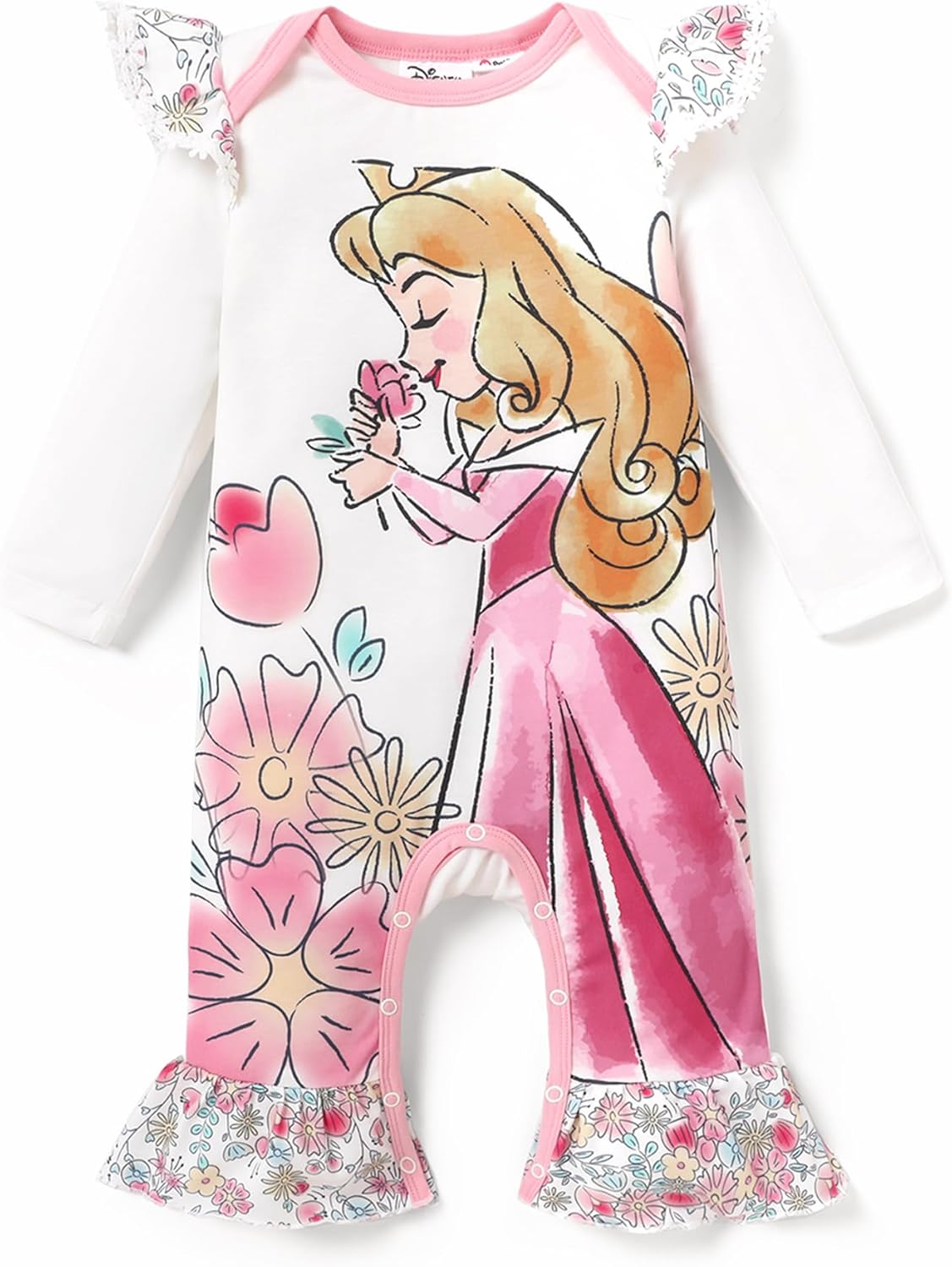 Disney Stitch Princess Cinderella Ariel Minnie Winnie Baby Girls Ruffle Long Sleeve Romper Bodysuit for Newborn to Toddler