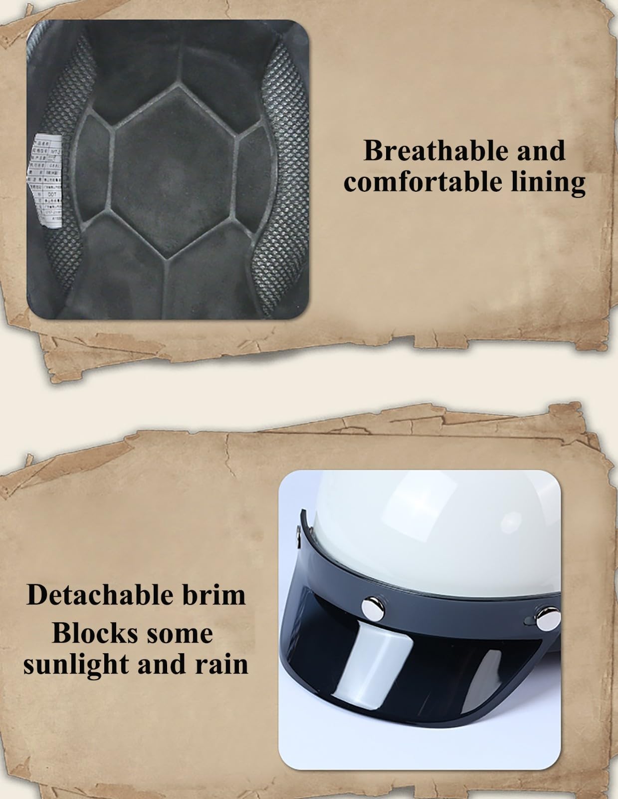 Kask motocyklowy retro (pół kasku) dla dorosłych (mężczyźni i kobiety), odpowiedni do motorowerów, cruiserów i skuterów wodnych. Zatwierdzony DOT/ECE, lekki i z systemem wentylacji.