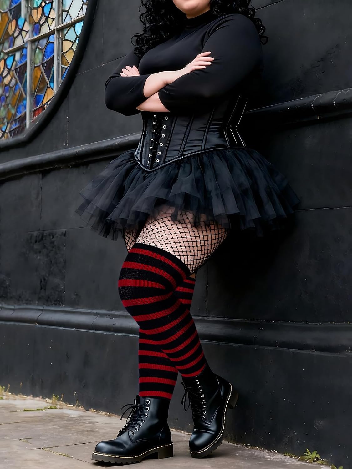 Moon Wood Plus Size Thigh High Socks for Women Knit Cotton Extra Long Striped Over the Knee High Socks Leg Warmers