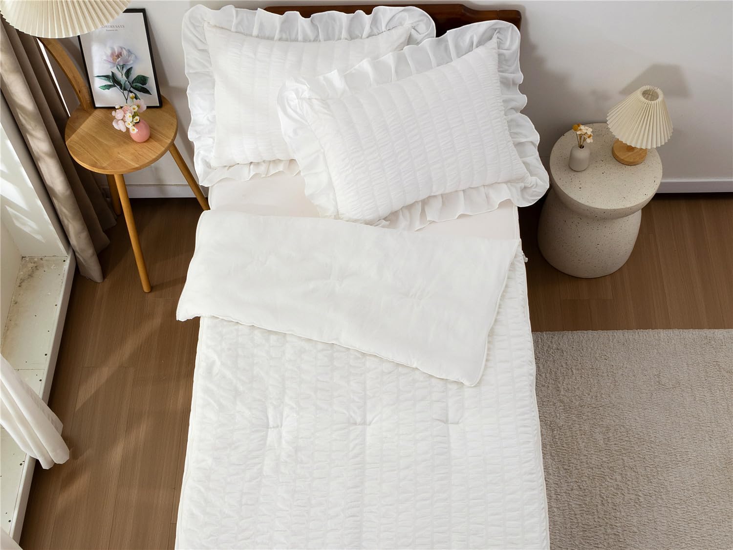 NTBED White Seersucker Zipper Bedding Twin for Girls Farmhouse Comforter Zip Up Bedding Set