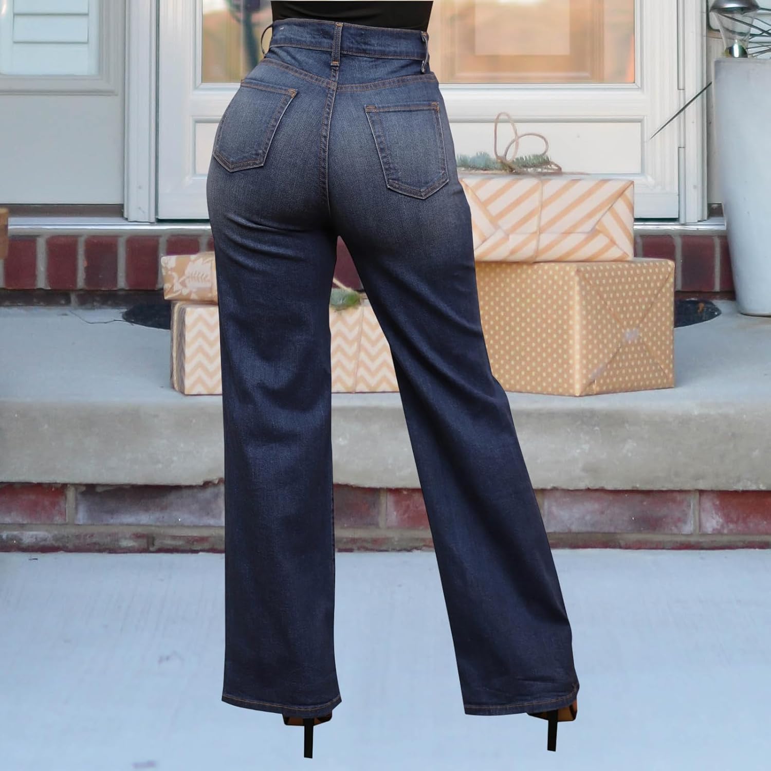 Women's Wide Leg Straight Jeans High Waisted Baggy Stretch Loose Denim Pants - Image 3