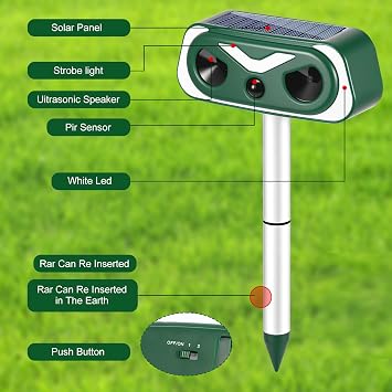 Cat Deterrent, Fox Deterrents for Gardens UK, Solar Powered Ultrasonic Cat Repellent with Pir Motion Sensor & LED Flame Lights, Ip66 Waterproof, Effective for Squirrels, Dogs Foxes Birds