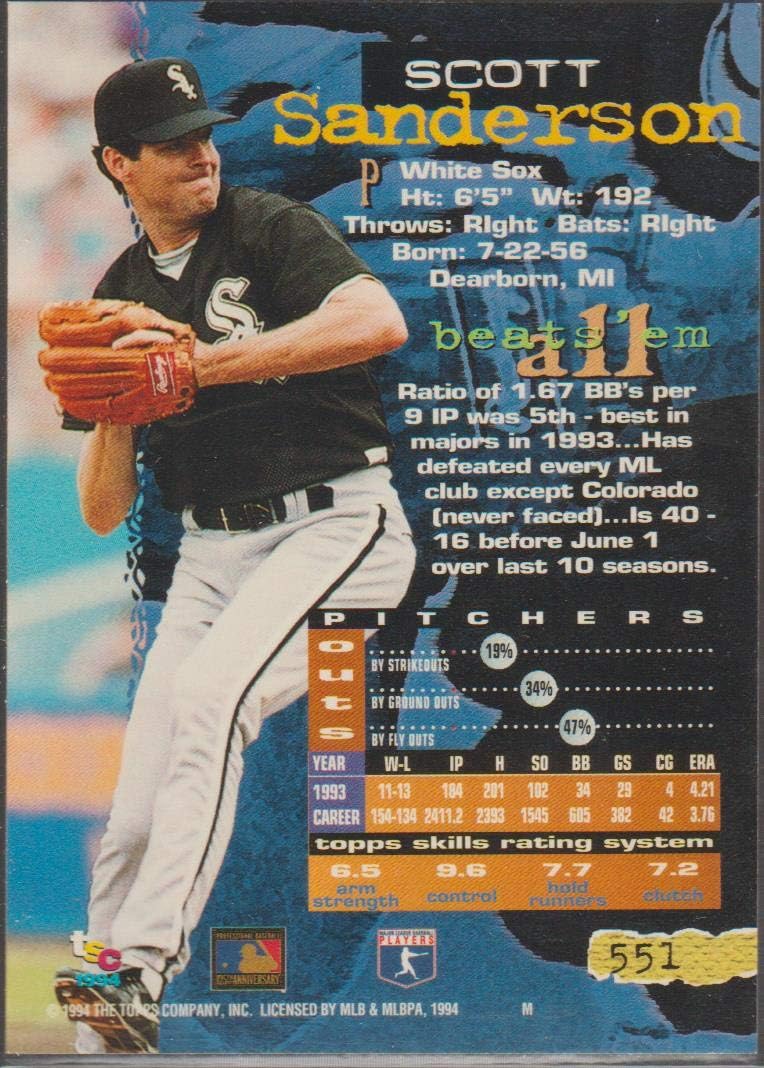 1994 Topps Stadium Club Scott Sanderson White Sox First Day Issue Baseball Card #551