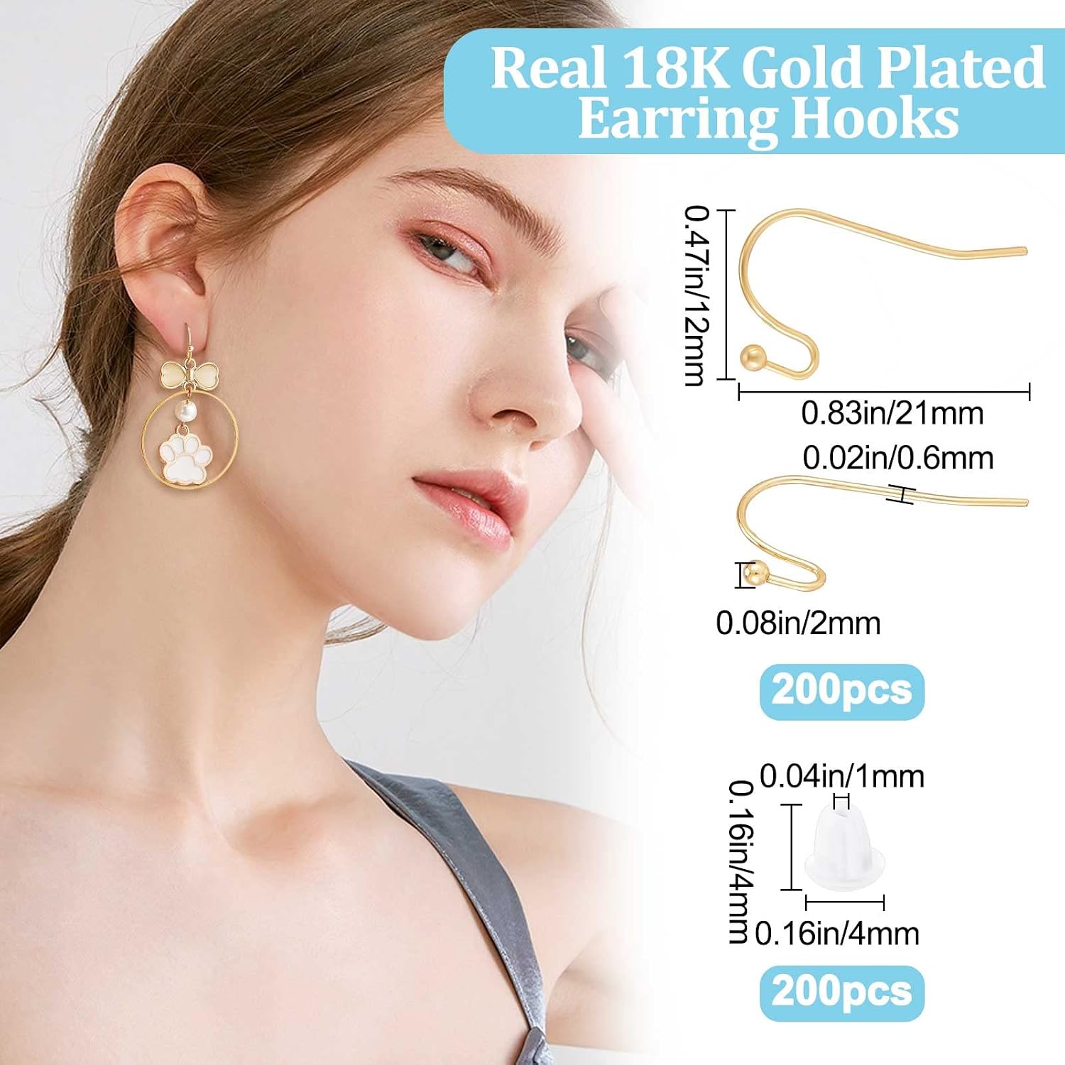 Beebeecraft 1 Box 200Pcs French Earring Hooks 18K Gold Plated Fish Hook Ear Wires Kit with Plastic Ear Nuts for DIY Women Earring Jewelry Making