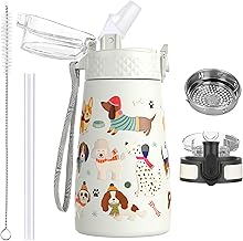 350ml/12oz Kids Stainless Steel Water Bottle with Straw for School with 2 Different Lids Metal Vacuum Insulated Water Bottles Hip Flask for Hot Cold Drinks BPA Free