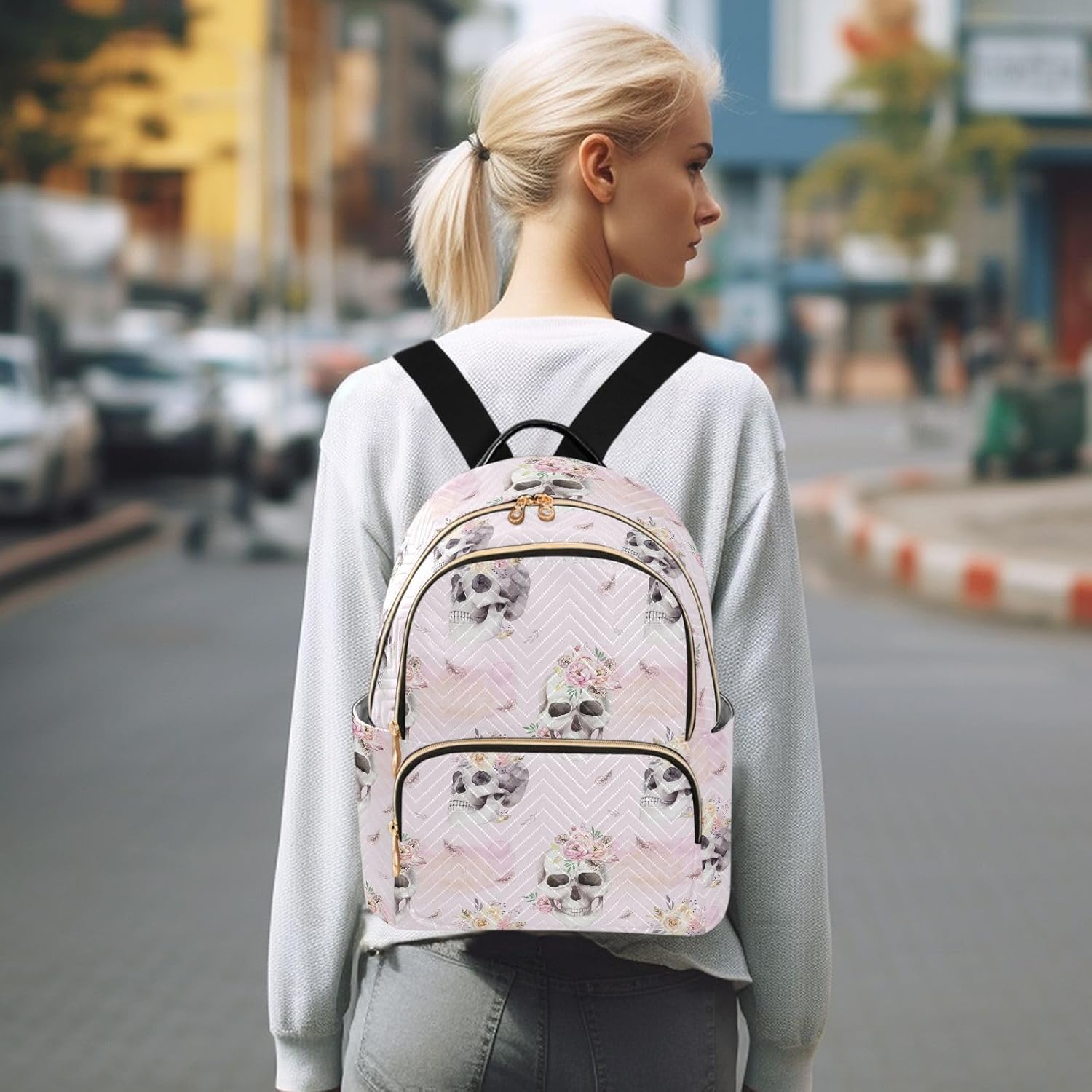 ALAZA Skull Roses Wildflowers Women’s Backpack Purse Causal Daypack Work Travel College Business Trip Bag Shoulder Bag
