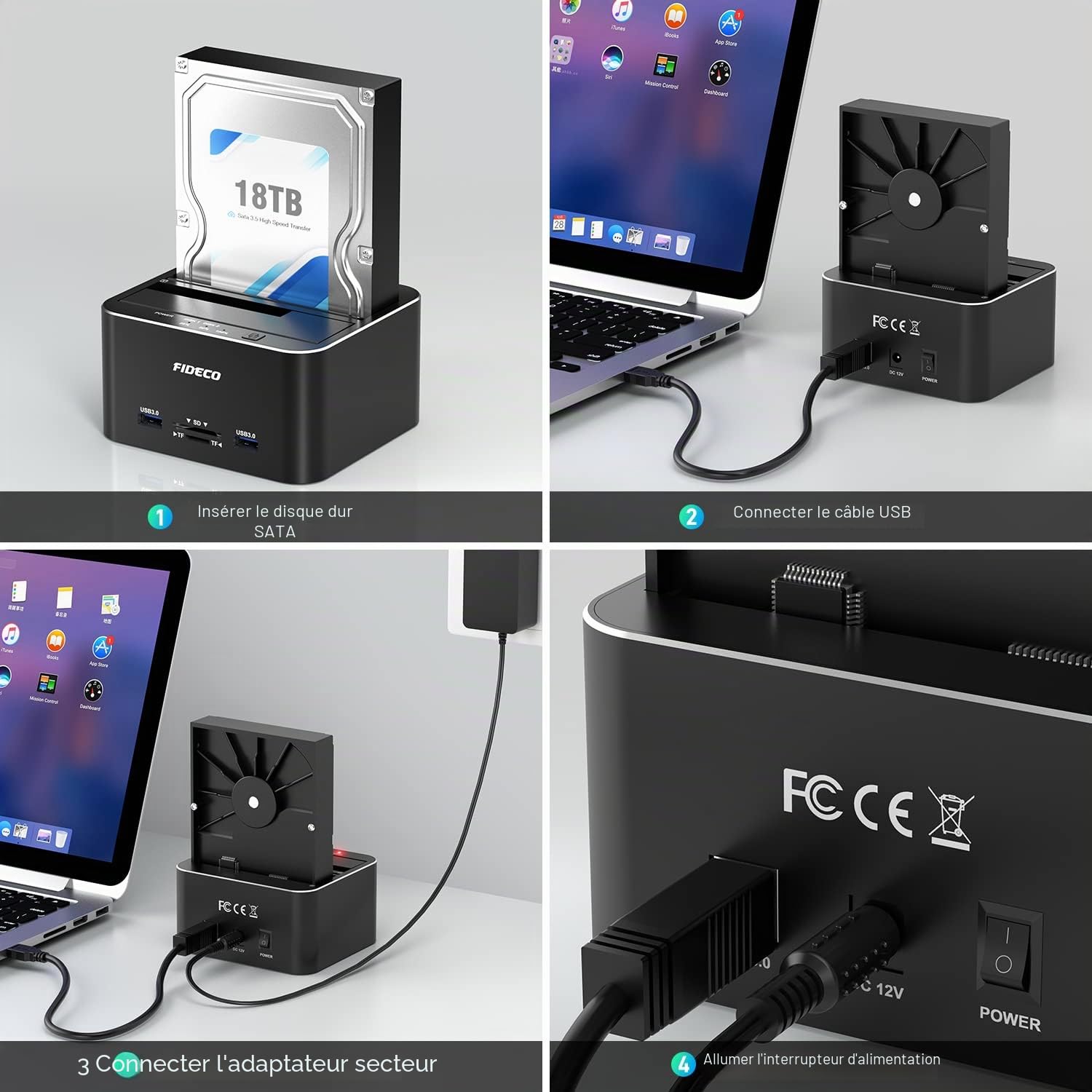 FIDECO Station d'accueil pour Disque Dur, USB 3.0 Aluminium Stations d'accueil pour Disque Dur 2,5"/3,5" SATA HDD SSD, Lecteur de Carte TF et SD, Prise en Charge du Clone Hors Ligne