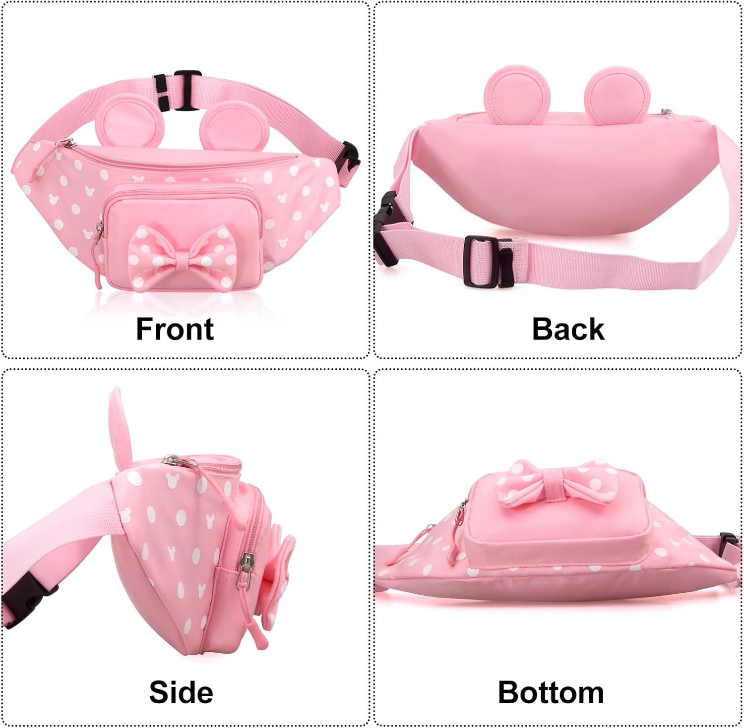 Pink Fanny Pack for Women Teen Girls Mini Mouse Fanny Pack Cute Bowknot Polka Dot Waist Pack Outdoor Travel Waist Bag Cartoon Hiking Belt Bag Bum Bags with Mouse Ears - Image 6