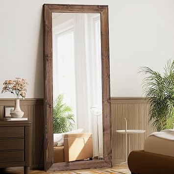 Full Length Mirror 65"x24" - Beveled Edge Rustic Brown Dressing Mirror, Solid Wood Frame, Wall Mounted or Standing for Bedroom, Entryway, Living Room