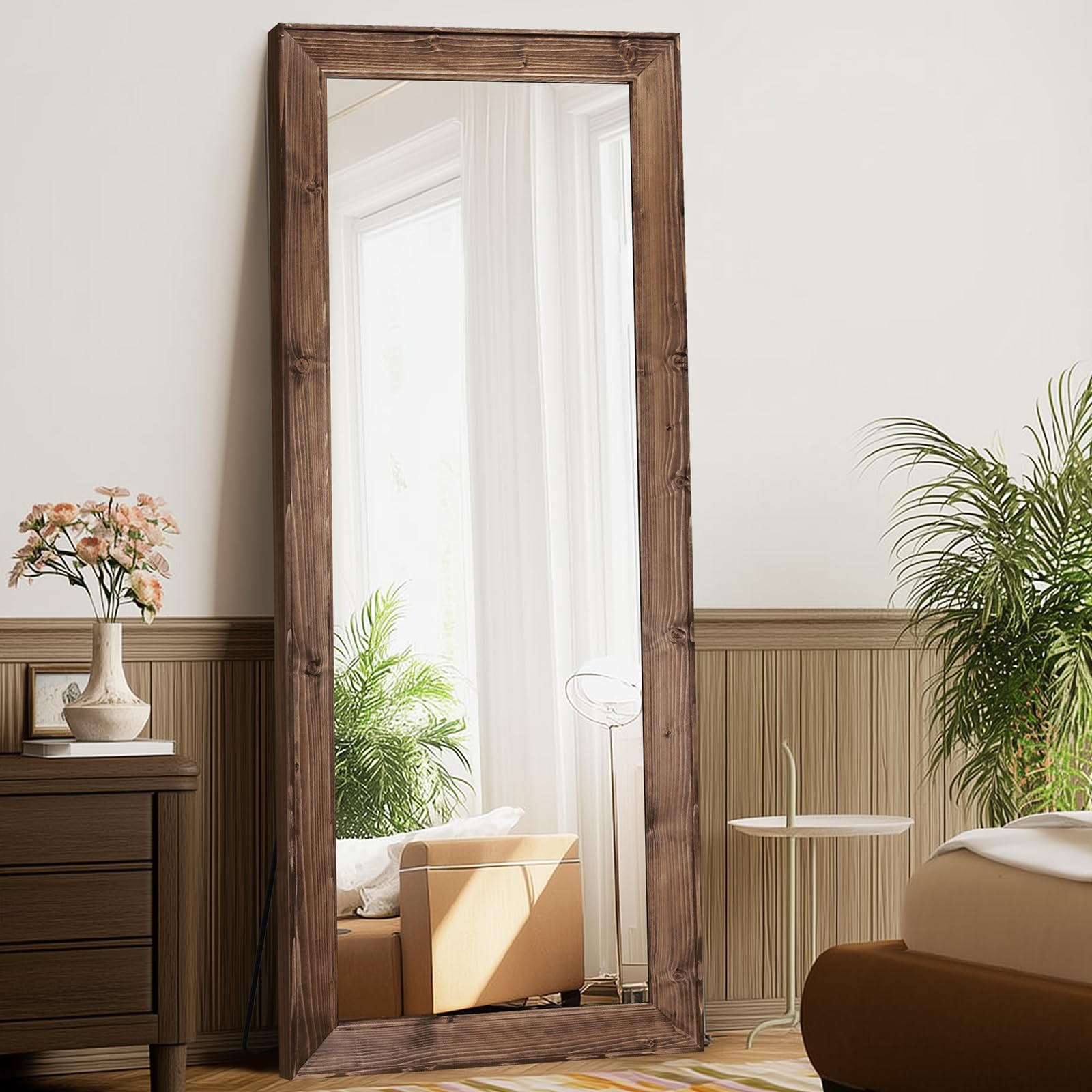 65x24in Full Length Mirror, Rustic Brown Beveled Wood Frame