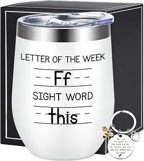 Lifecapido Daycare Teacher Appreciation Gifts, Sight Words 12oz Wine Tumbler with Keychain, Thank You Birthday Retirement Christmas Teacher Appreciation Gifts for Preschool Daycare Teachers, White