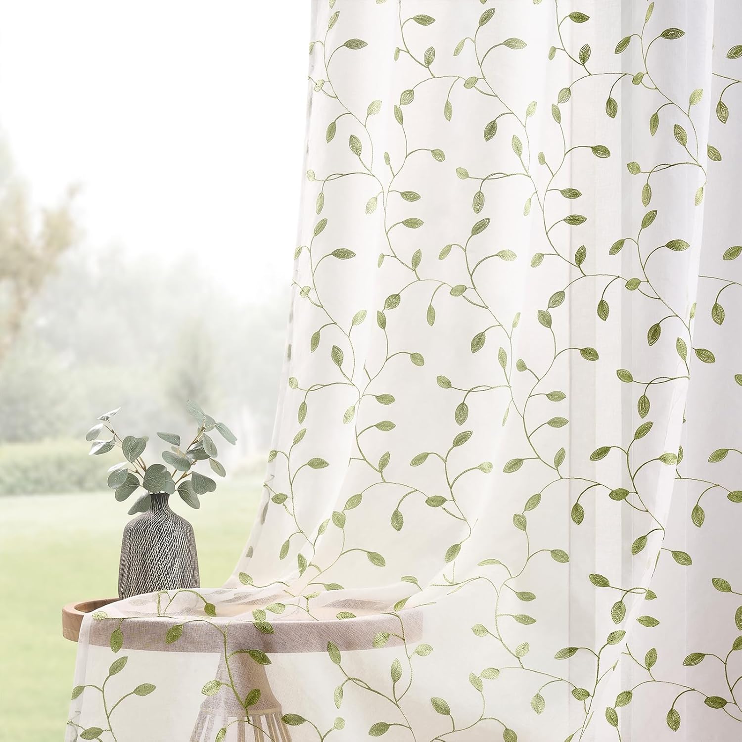 SEEKRIGHT Green Leaf Sheer Curtains 90 Inches Long 2 Panels for Bedroom Living Room Green Embroidered Sheer Curtains Light Filtering Rod Pocket Floral Voile Crushed Faux Linen Window Drapes, 50x90