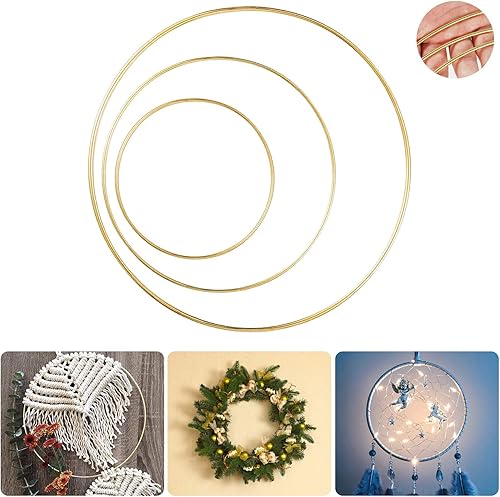 Miniatura 4 de Paquete de 3 anillos de aro de metal grandes con diseño floral de macramé dorado (6 pulgadas, 8 pulgadas, 10 pulgadas) para hacer decoración de