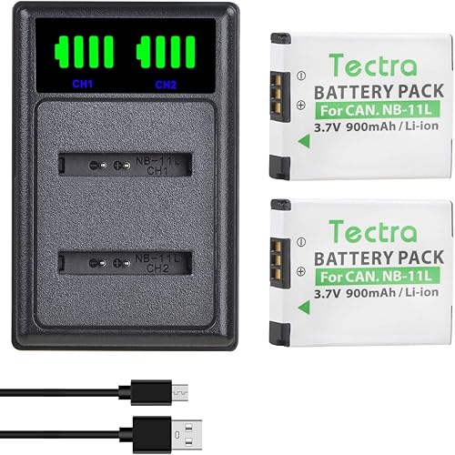 Tectra Paquete de 2 baterías NB-11L NB-11LH + cargador dual LED para Canon PowerShot SX400, A2300, A2500, A2600, A3400 is, A3500 is, A4000 is, ELPH