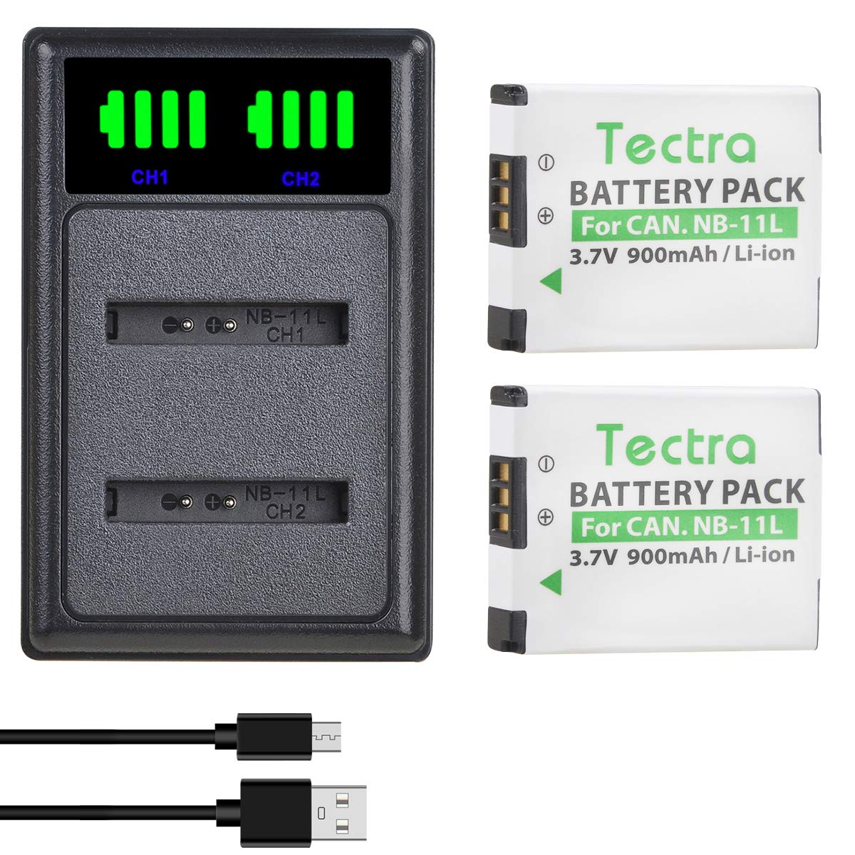 Tectra 2-Pack NB-11L NB-11LH Battery + LED Dual Charger for Canon PowerShot ELPH 110 HS, ELPH 130 HS, Elph 360 Elph 350 Elph 340 Elph 190 Elph 180,
