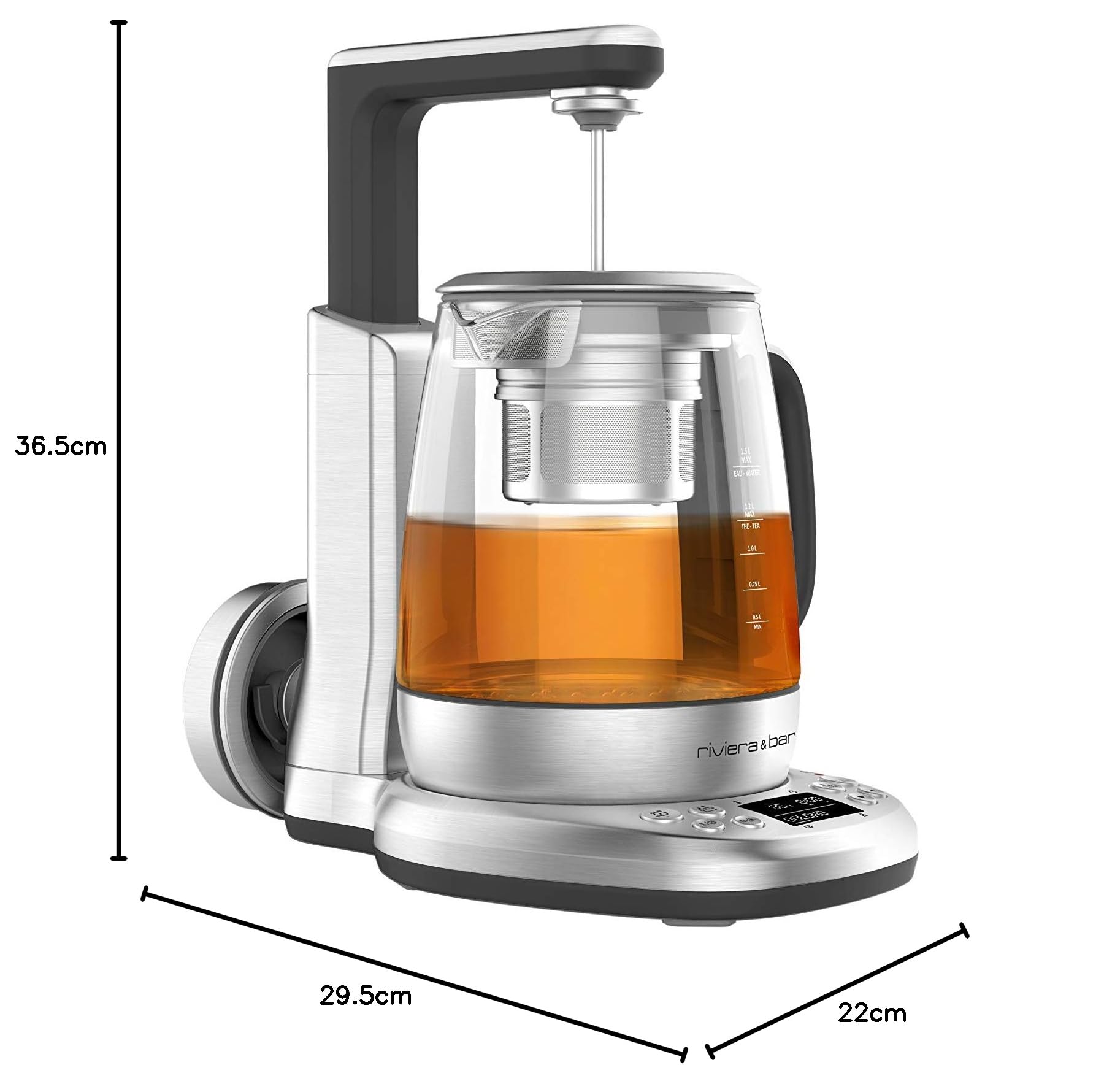 riviera&bar Cha Dao Expert Teekessel mit einstellbarer Temperatur, Hartglas und Edelstahl, leiser Modus, optimaler Tee-Aufguss, 1,5 l, 22 x 36,5 x 29,5 cm