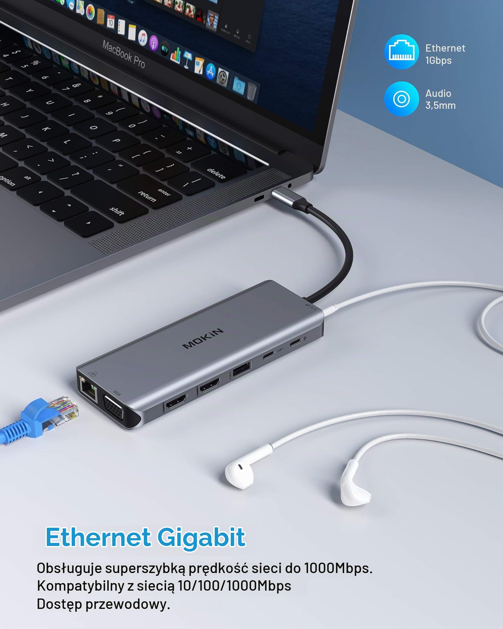 MOKiN Stacja dokująca USB C, 14 w 1, potrójny wyświetlacz, podwójny koncentrator USB C do podwójnego HDMI, VGA, Gigabit Ethernet, 5 portów USB 3.0/2.0, 100 W PD, czytnik kart SD/TF, dźwięk 3,5 mm