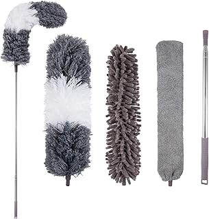Microfiber Duster, 4PCS with Extension Pole(Stainless Steel) 30 to 100 Inches, Reusable Bendable Dusters, Washable Lightweight Dusters for Cleaning Ceiling Fan, High Ceiling, Blinds, Furniture, Cars