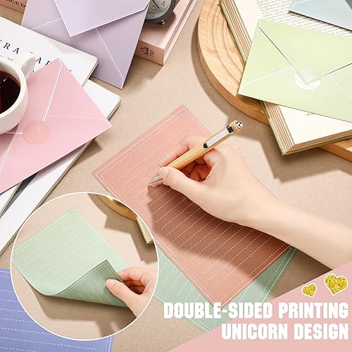 Miniatura 2 de TaoBary Juego de 160 paquetes de papel de papelería (50 papeles de escritura de doble cara, 50 sobres a juego), 60 calcomanías de puntos redondos,