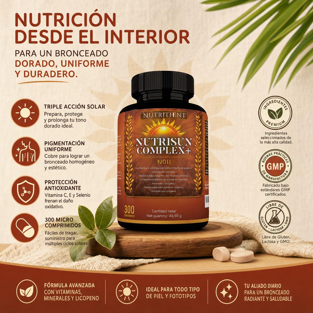 300 Micro Comprimidos Acelerador Bronceado con Betacaroteno, Cobre, Selenio, Licopeno, Extracto Seco de Tomate, Vitamina C,D,E,B | Mantiene y prepara la piel Dorada.