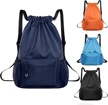 Drawstring Bags, Large Waterproof Sports Backpack Unisex Dark Blue | String Backpack for Kids Adults, Swim PE Bags Drawstring Gym Bags Swimming Bag for School Travel Workout