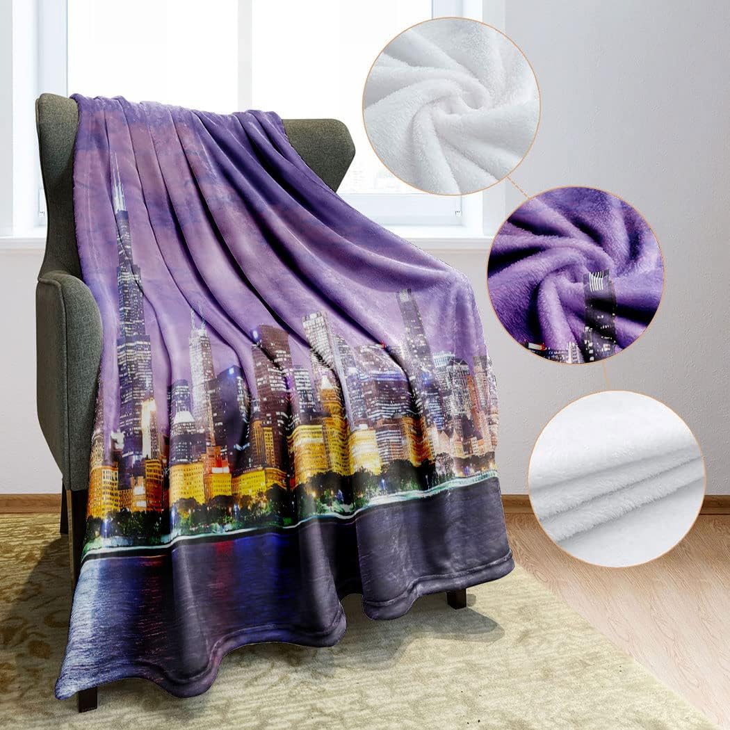 40x50 Blanket Comfort Warmth Soft Plush Throw for Couch Chicago Skyline Cityscape Illinois Nightime