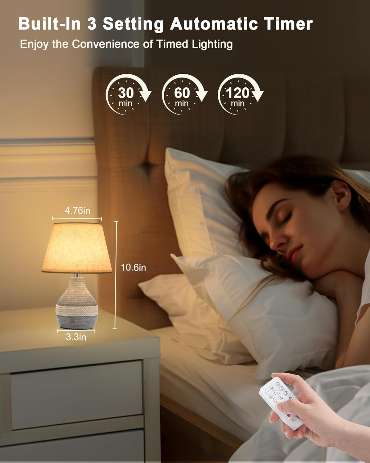 UMEXUS 10” Small Ceramic Cordless Table Lamp with Timer, Dimmer, Linen Shade, Remote Control, Rechargeable Battery Light for Patio Nightstand Kitchen Counter Living Room Side Table, Bulb Included