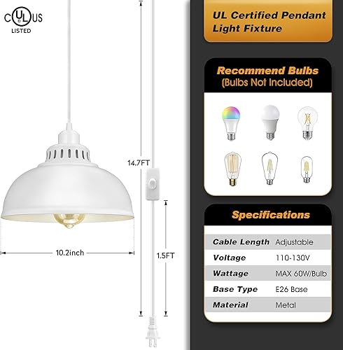 Miniatura 3 de Lámpara colgante enchufable, luces colgantes de 15 pies con cable de enchufe, interruptor de encendidoapagado, lámpara colgante industrial con cable