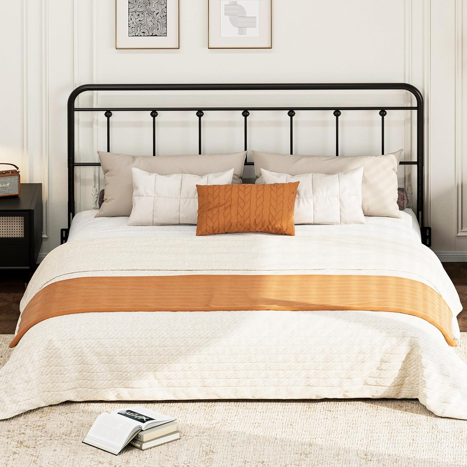 Metal California King Headboard Only, Adjustable Height, Steel Cal King Headboard with Bed Frame Brackets Adapter, Farmhouse Victorian Style, Easy Assembly, Black