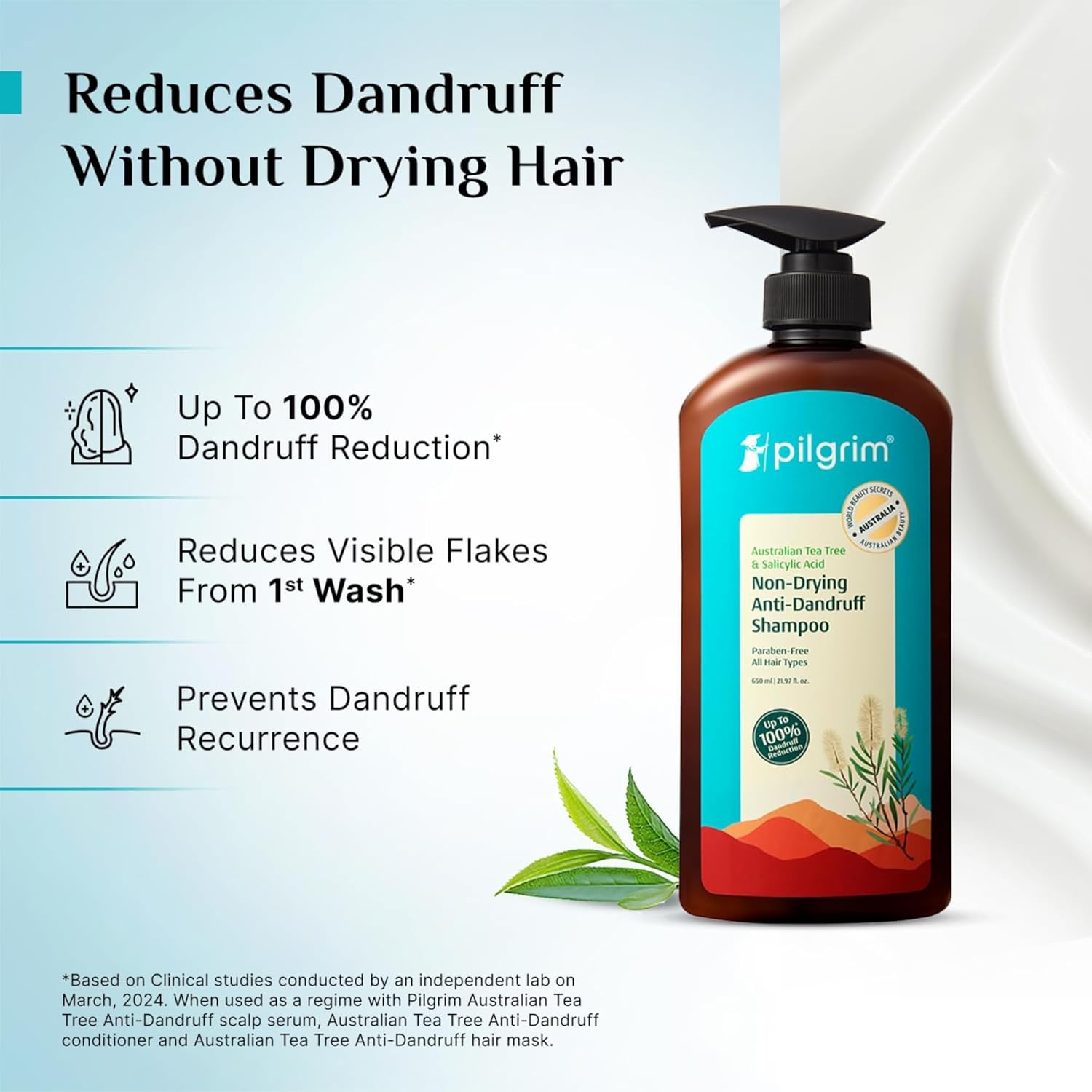 Pilgrim Anti-Dandruff Shampoo with Australian Tea Tree & Salicylic Acid | Non-Drying Scalp Relief | Reduces Visible Flakes | Suitable for All Hair Types | 21.98 Fl Oz (650ml) - Image 3