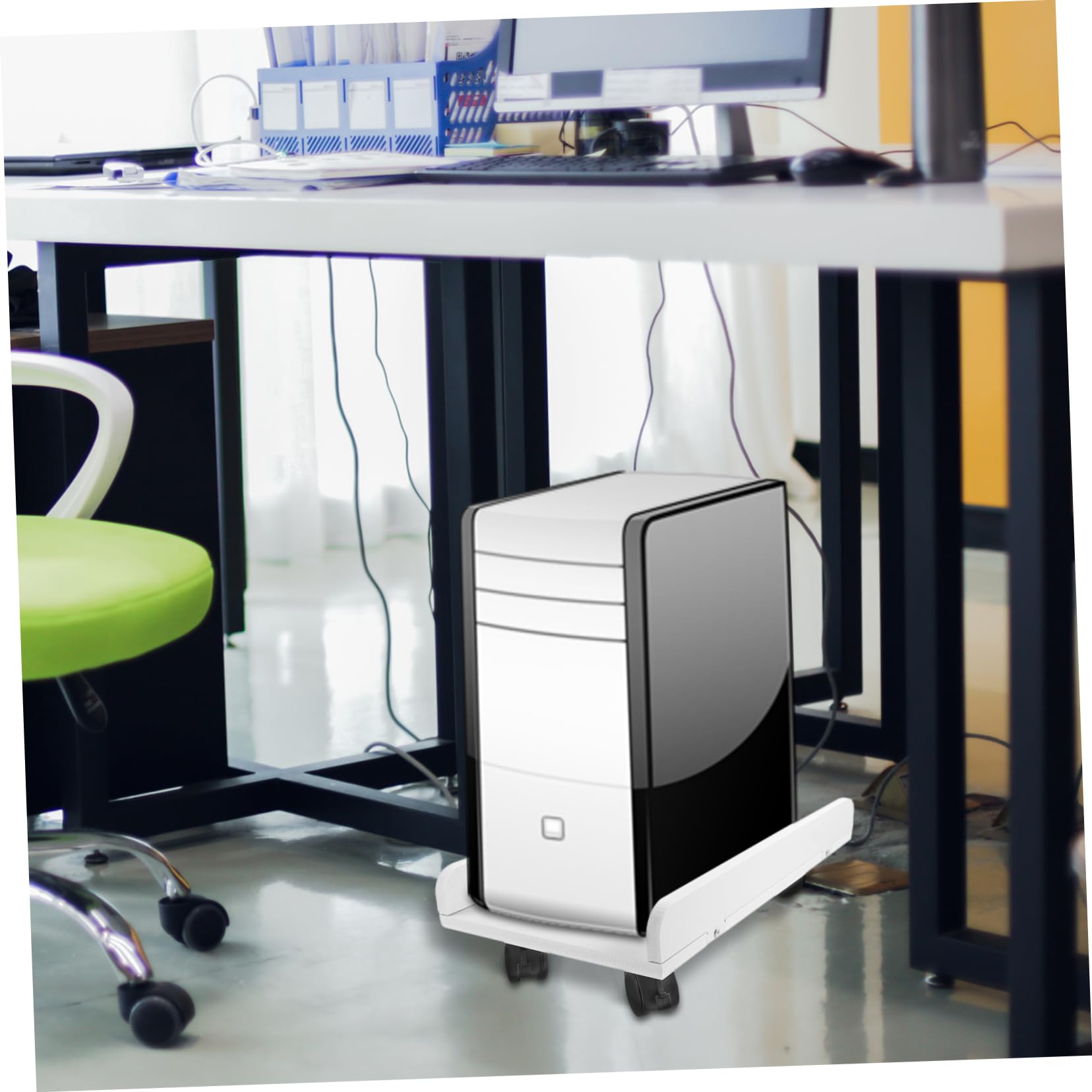 Supporto Torre Computer Rotelle per Scrivania Ufficio, Porta PC Bianco in Legno e Plastico, Salvaspazio Elevata Capacità di Carico per Postazione Gaming