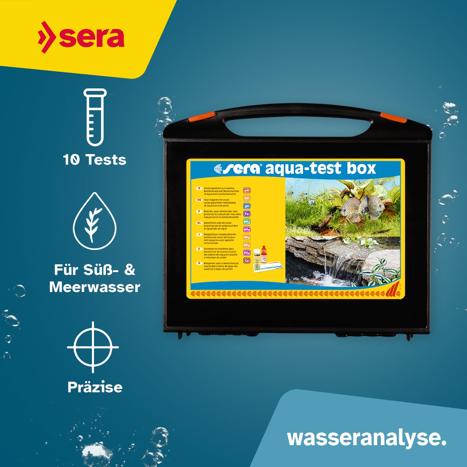 sera Aquarium Wassertest Box | Wasser-Testkoffer für Fortgeschrittene | pH, GH, KH, NH3/NH4, NO2, NO3, PO4, Fe und Cu | schnell, genau, professionell