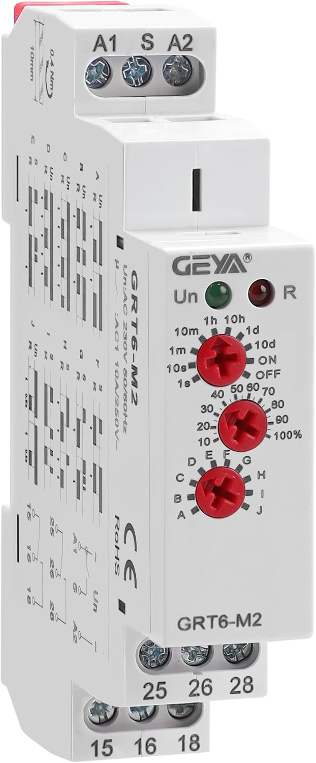 GEYA 10A Multifunctional Delay Time Relay 10 Function Choices AC/DC24V-240V 1 Output Control Relay with DIN Rail Mount (GRT6-M1,AC/DC24V-240V)