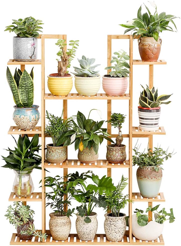 Bamboo 9 Tier 17 Potted Plant Stand Rack Multiple Flower Pot Holder Shelf Indoor Outdoor Planter Display shelving unit for Patio Garden Corner Balcony Living Room