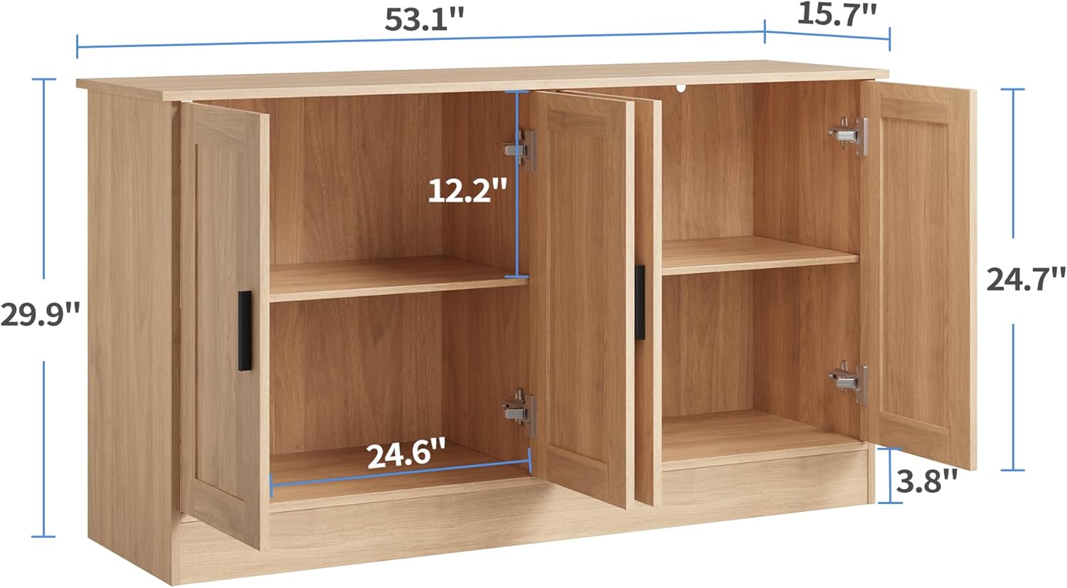 Anystyle 53" Oak Buffet Cabinet with Storage, Modern Kitchen Sideboard with 4 Doors & Adjustable Shelves, Entryway Credenza & TV Console Table for Living Room, Dining Room