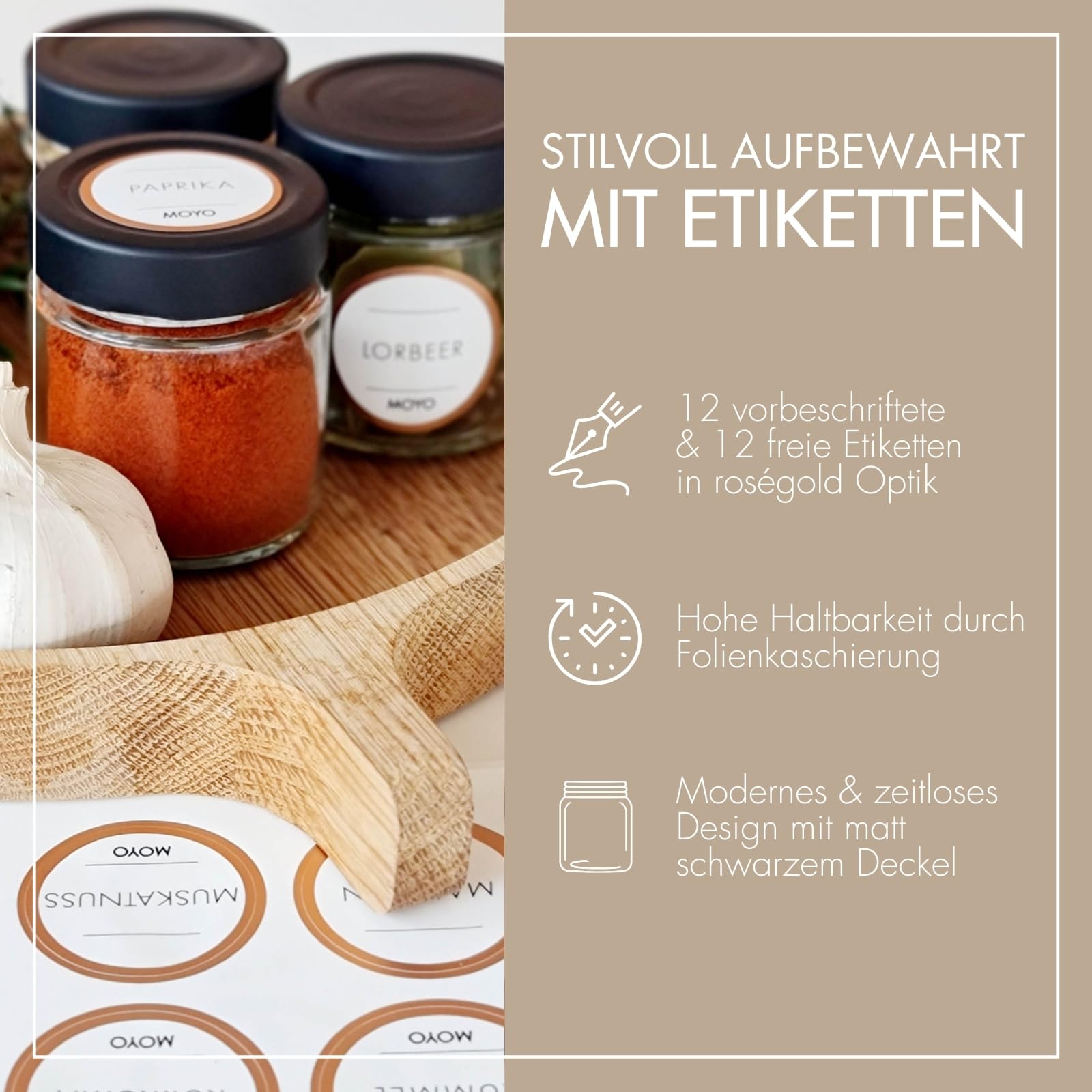 MOYO Gewürzgläser mit Etiketten I 12er Set I hochwertige Gewürze Aufbewahrung 154ml I luftdichtes Gewürzdosen Set I Gewürzaufbewahrung mit Deckel in schwarz I Gewürz Set zur Küchenorganisation