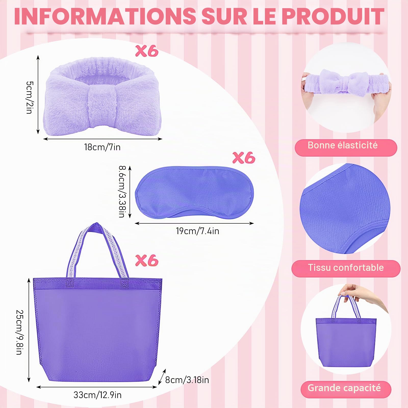 Peignoir, ensemble de fête spa pour filles – Comprend 6 peignoirs, 6 masques pour les yeux, 6 bandeaux, 6 sacs fourre-tout (style violet, taille étiquette 12), violet, 150