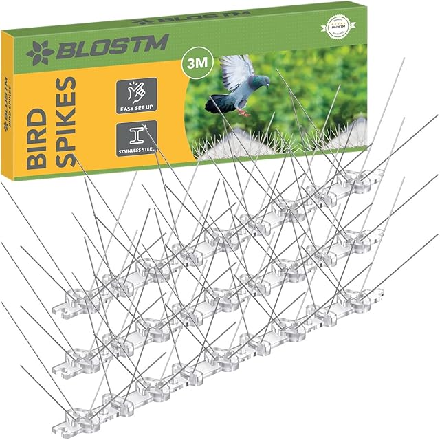 BLOSTM Bird Spikes - Stainless Steel Bird Deterrent Spikes, Pigeon Repellent for Fence, Roof & Windowsills, Anti Climb Fence Spikes Stops Crows, Seagulls, Squirrels, Cats, Pests - 3 Metres (12 x 25cm)