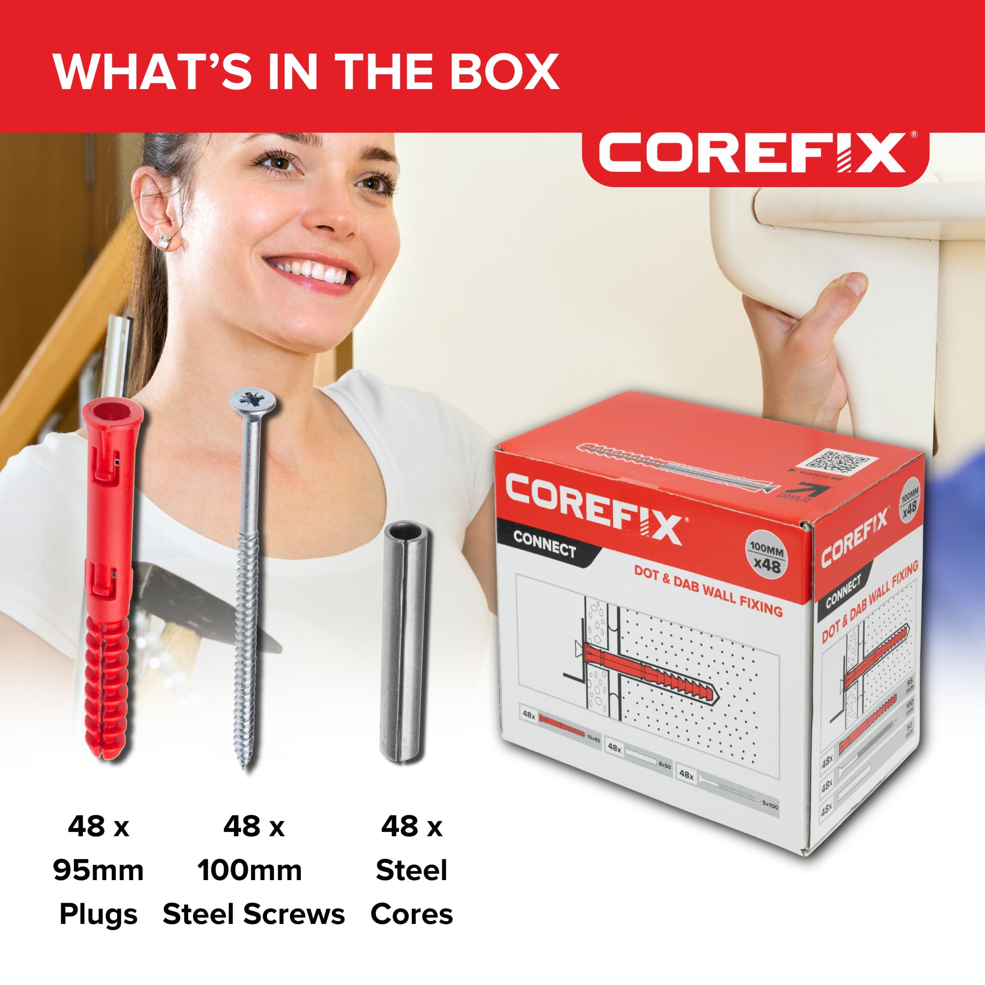 Corefix Fijaciones de pared resistentes de 100 mm con puntos y dab – tacos y tornillos de pared de yeso sobre bloques – para televisores, radiadores, estanterías y más – Soporta 55 kg por fijación