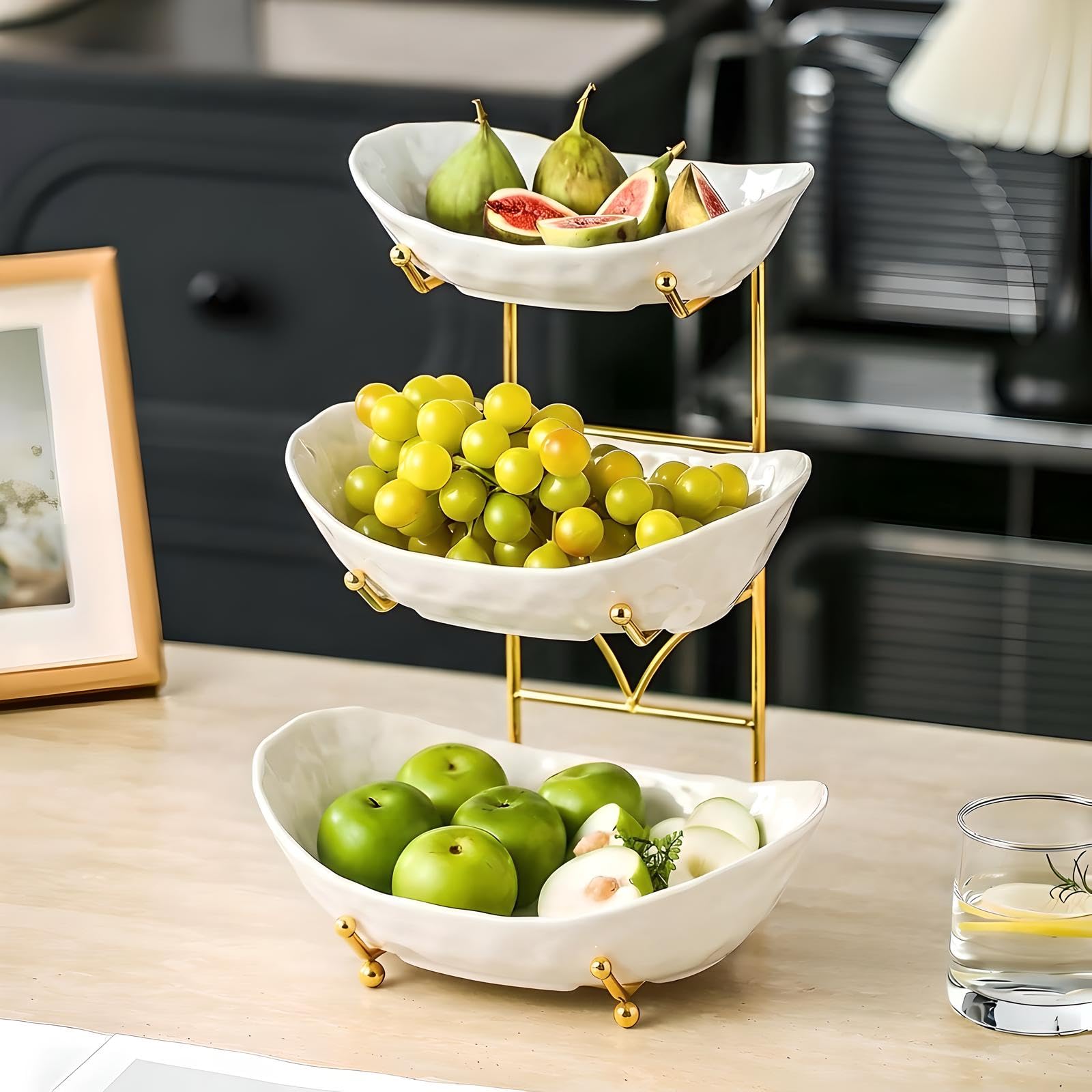 Obstschale mit 2 Ebenen/3 Etagen und Metallständer, Keramik-Obstschale für Zuhause, Party, Küche, Theke, gestufter Obstkorb für Snacks, Süßigkeiten, Brot, Aufbewahrung (Weiß C, 3 Etagen)